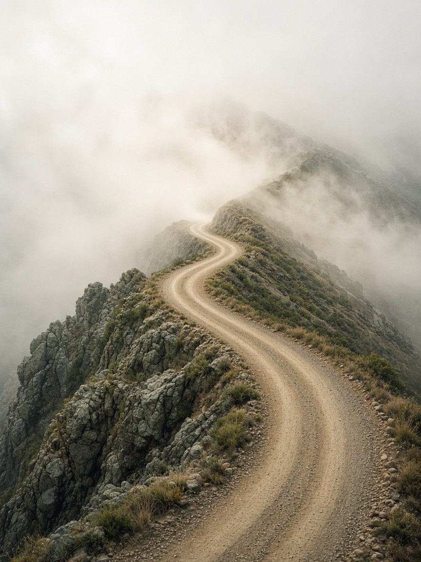 Strada di montagna che sparisce nella nebbia