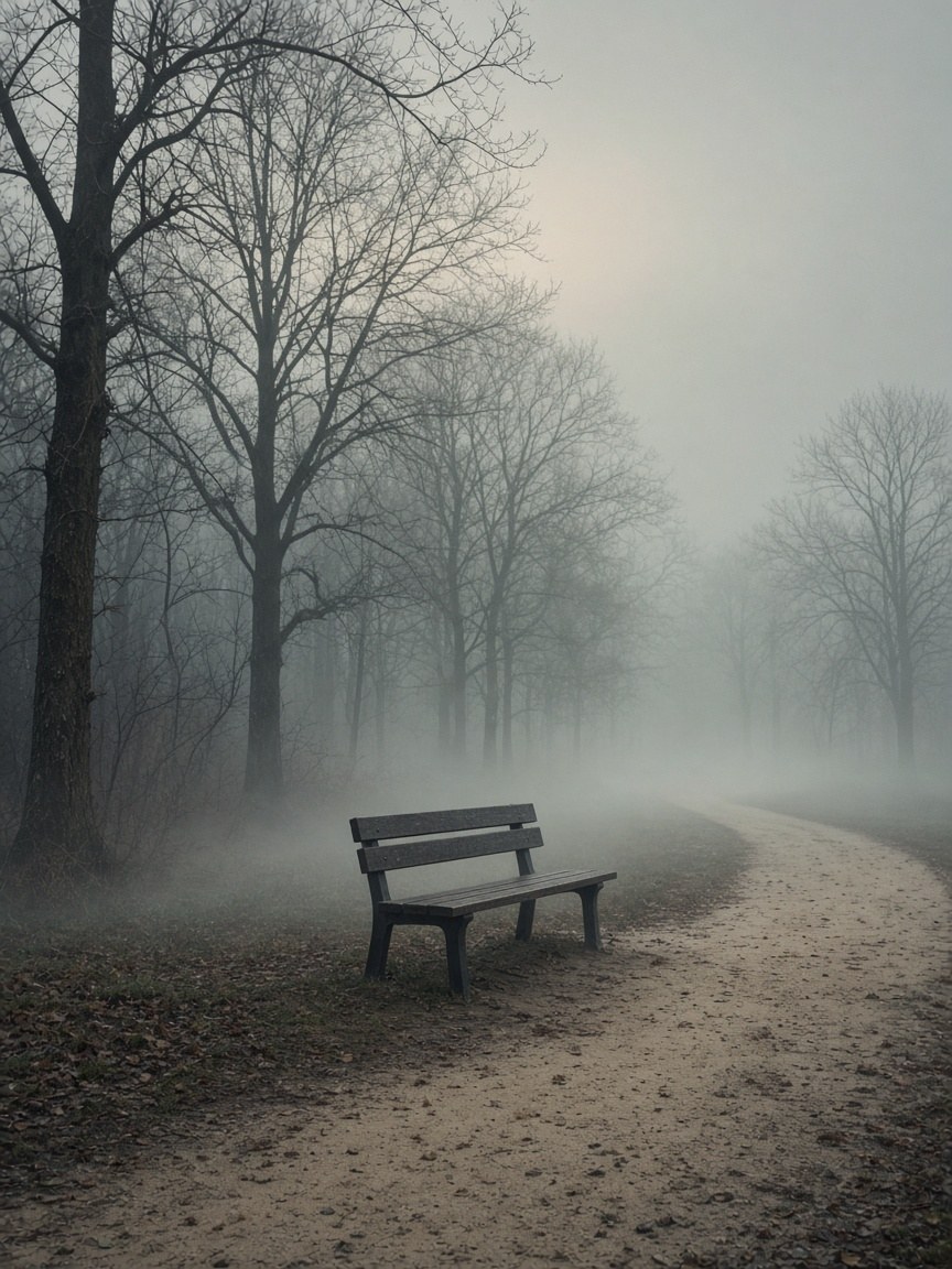 Panchina vuota nella nebbia al mattino