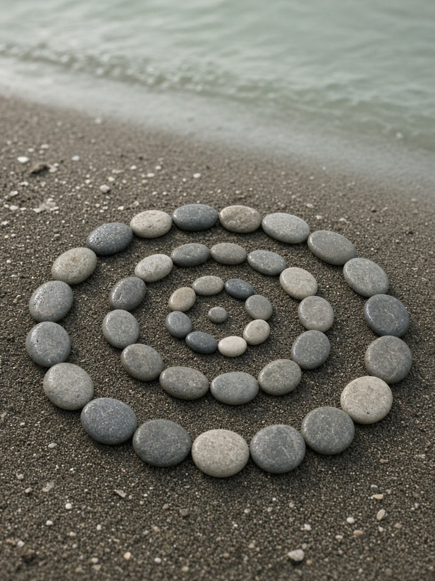 Pietre disposte a spirale sulla spiaggia