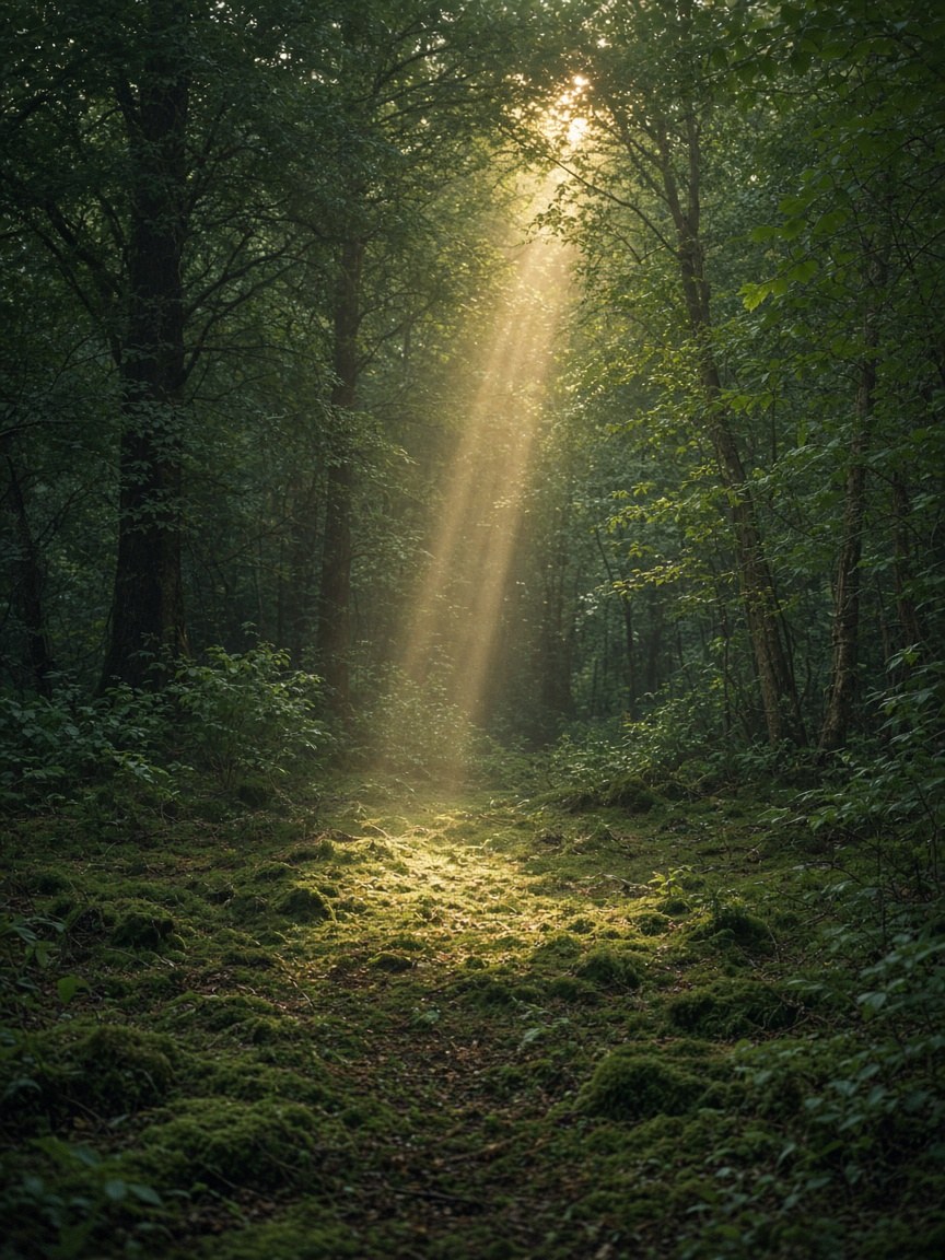 Raggio di luce in una radura del bosco